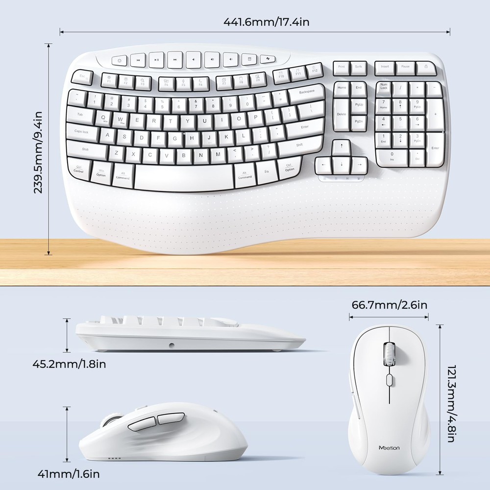 Ergonomic Keyboard and Mouse Wireless Combo Wave Keys Wrist Rest White