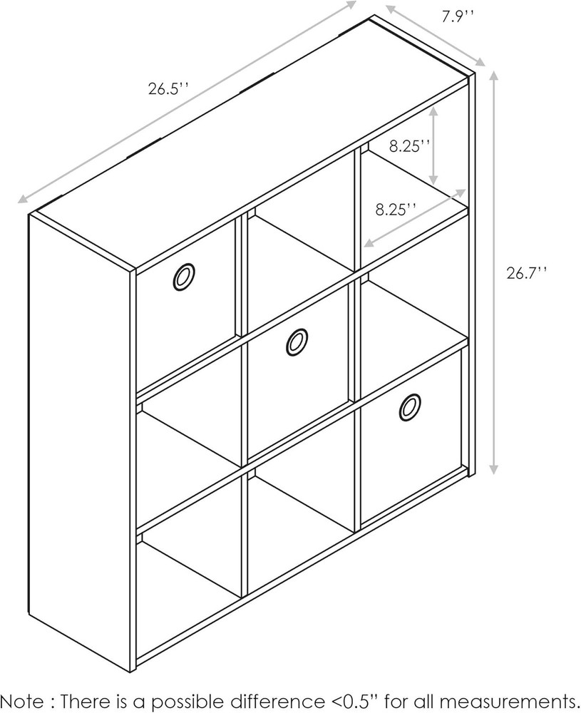 Simplistic 9-Cube Organizer W/ Bins Small Size Assembled Unit Dimensions 7.9"D x