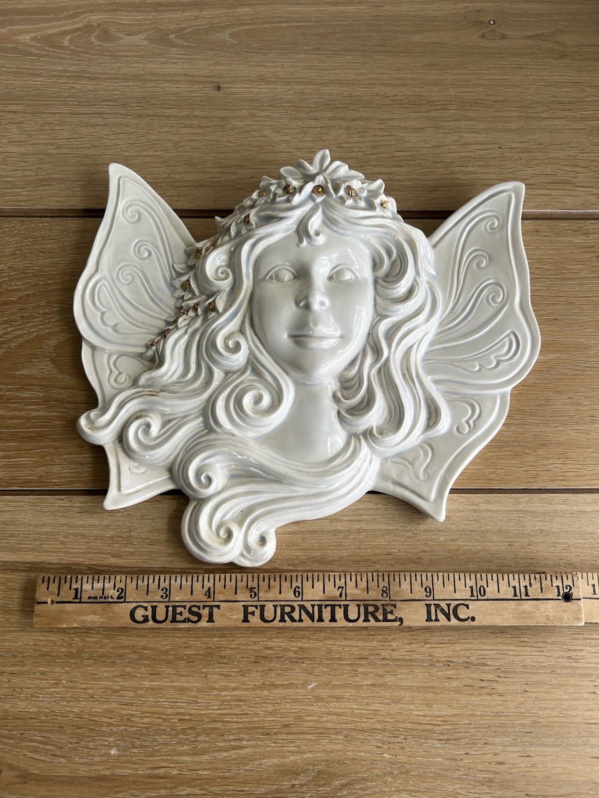 Vintage Ceramic Fairy Wall Plaque Angel Fairy Face Winged Decor Cottagecore