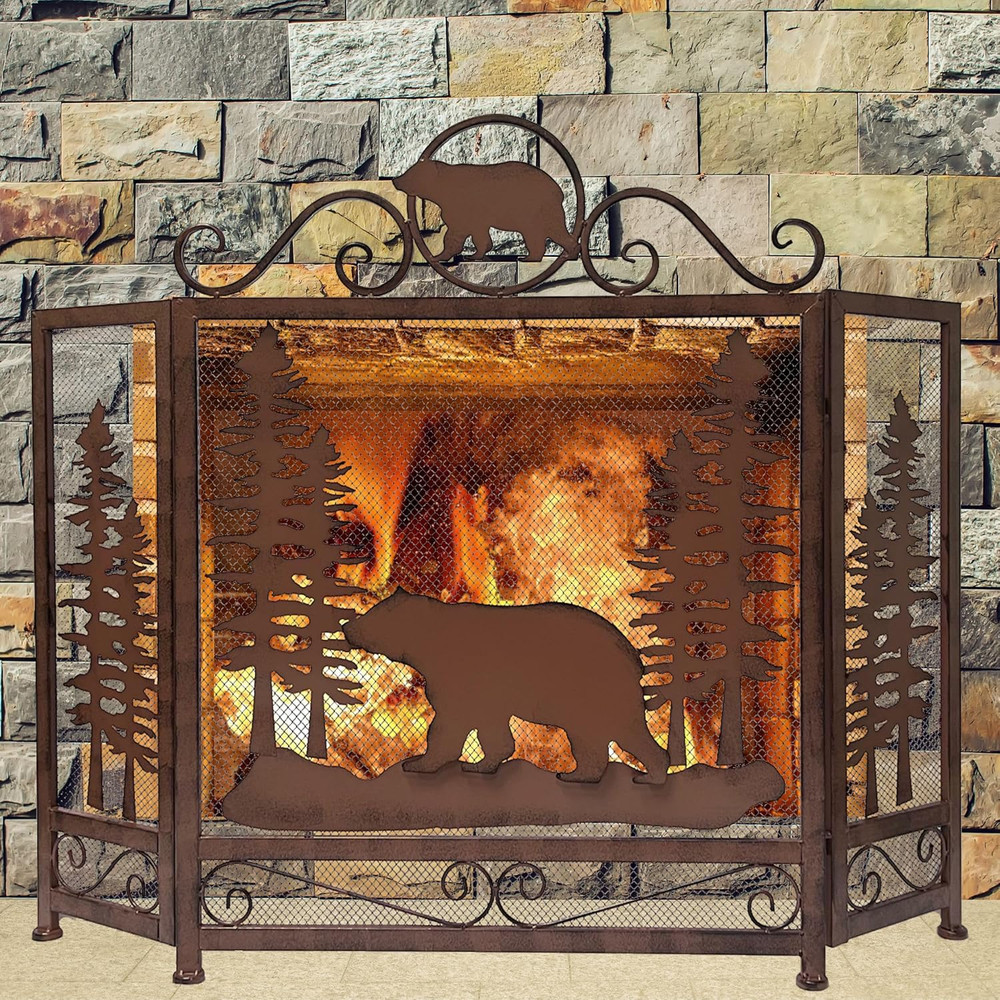 3-Panel Fireplace Screen Decorative with Bear Alone in the Forest - Stand Alone
