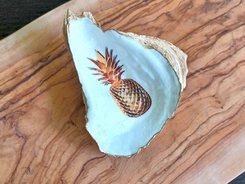 Pineapple Decoupage Oyster Shell - Gold and White Ring Dish, Seashell Decor