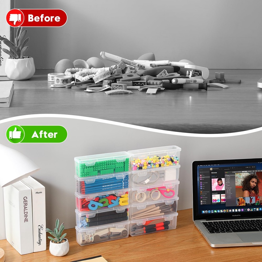 10 Pack Clear Plastic Pencil Case Boxes - Narrow Stackable Storage Organizers...