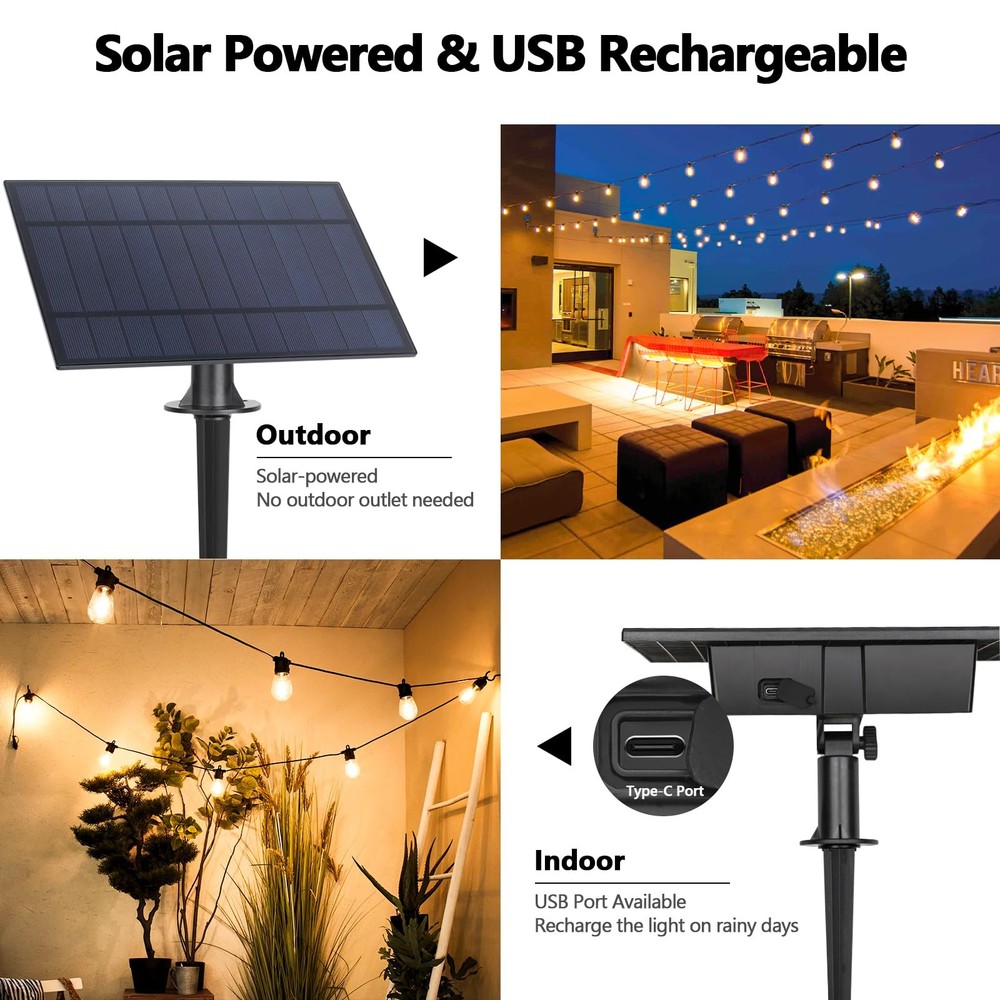 48FT S14 Solar String Lights Outdoor with Remote Controller, Solar Powered Pa...