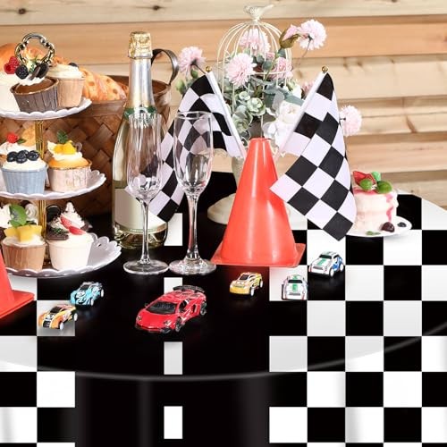 3 Pcs Plastic Racing Party Round Tablecloths Checkered Flag Table Covers Black