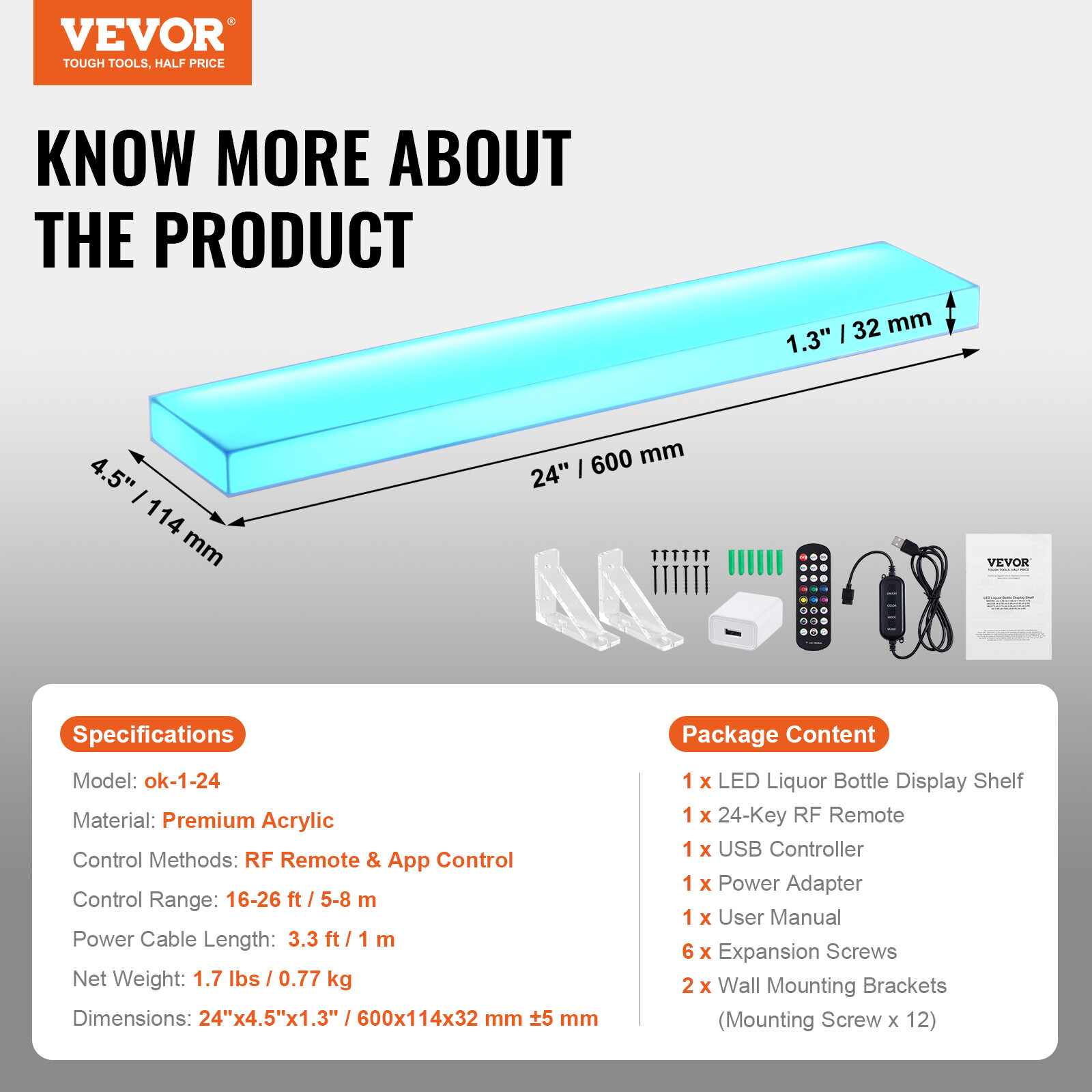 VEVOR 24" 1-Step Wall Mounted LED Lighted Liquor Bottle Display Home Bar Shelf