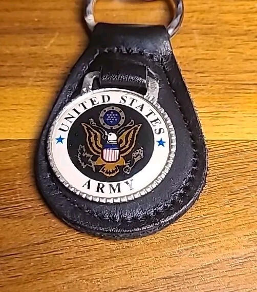 US Army Keychain  Leather Back Enamel Medalion