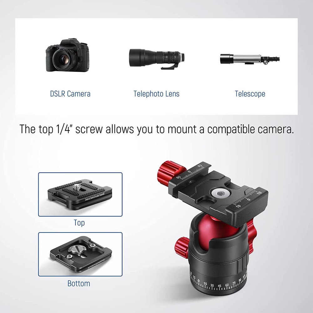 360° Panoramic Ball Head with 1/4”Quick Plate for Tripod Monopod Camera