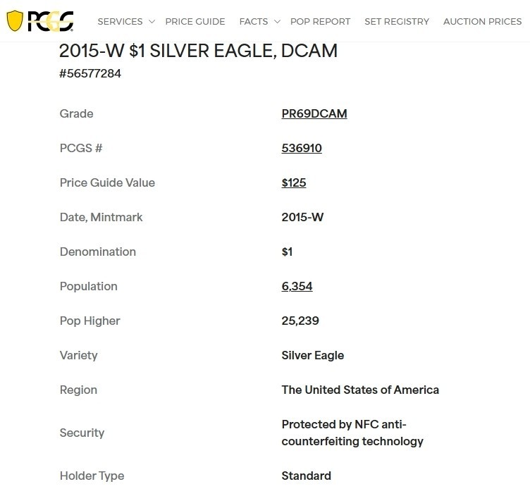 2016 W Silver Eagle PCGS PR69 DCAM Blue Label
