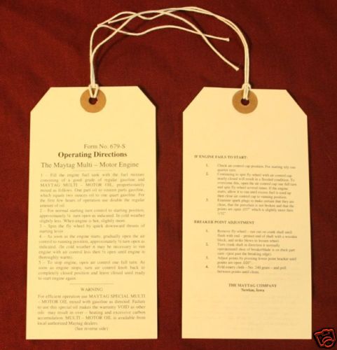 Maytag Engine model 92 & 72 Operating Directions Tag