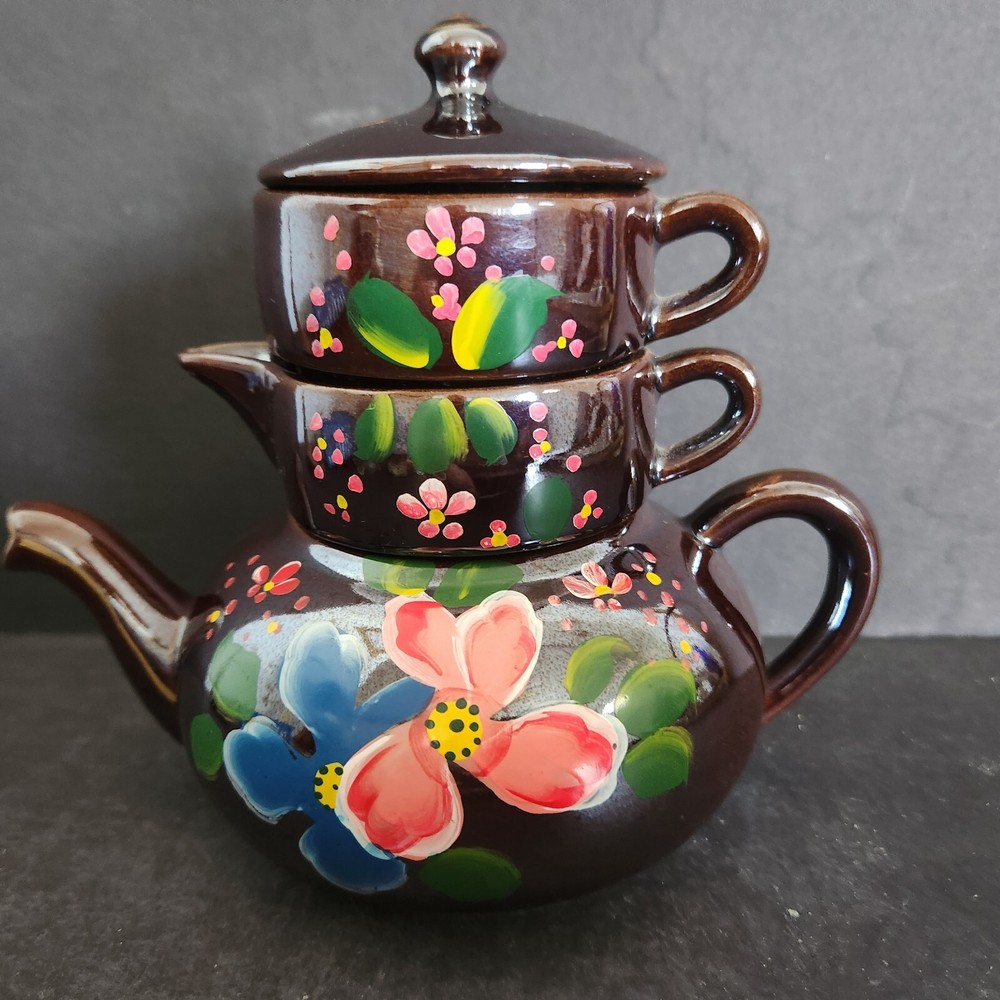 Teapot With Lid Stackable Floral Blue & Pink 6" Japan