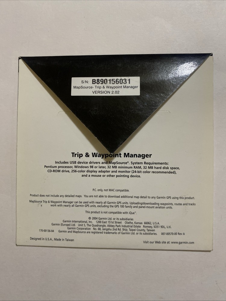 Garmin MapSource Trip & Waypoint Manager CD v2.02 Windows 98 XP GPS Software