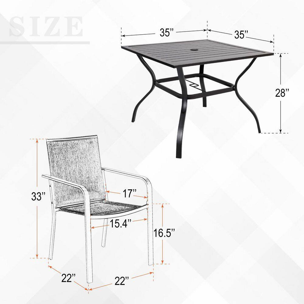 5-Piece Metal Patio Dining Set Square Table with 4-Stackable Chairs