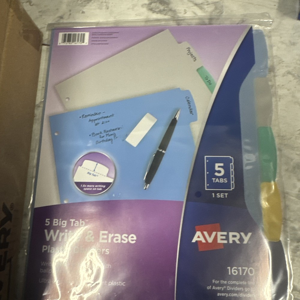 Avery 5-Tab Plastic Binder Dividers, Write & Erase Multicolor Big Tabs, 1 Set