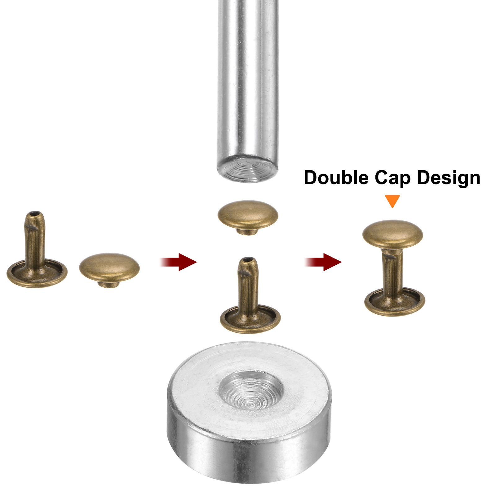 200 Sets Leather Rivets 9mm x 8mm Metal with 3 Setter Tools Bronze