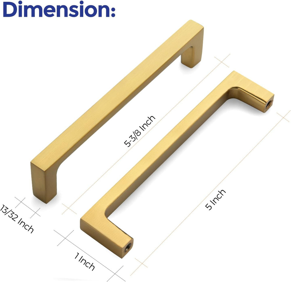 5 Pack Solid 5 Inch Kitchen Square Cabinet Handles Brushed Brass Drawer Pulls Ki