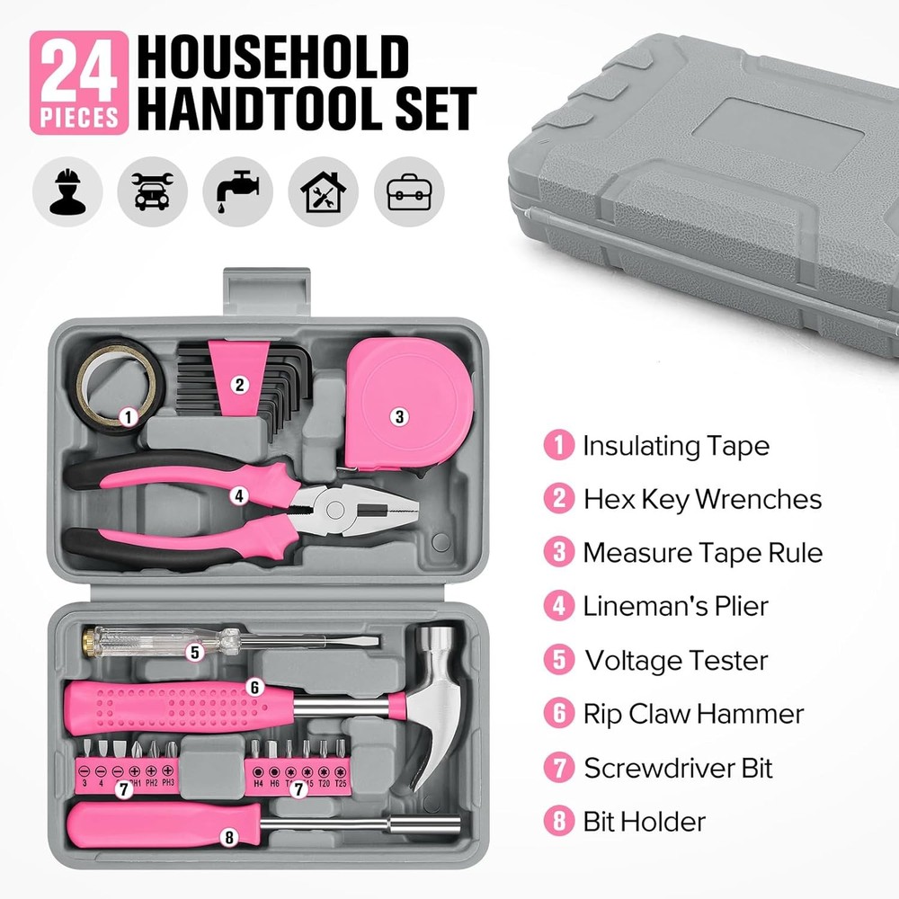 25PCS Pink Household DIY Tool Kit, Small Mini Tool Box Set of Starter Basic Tool