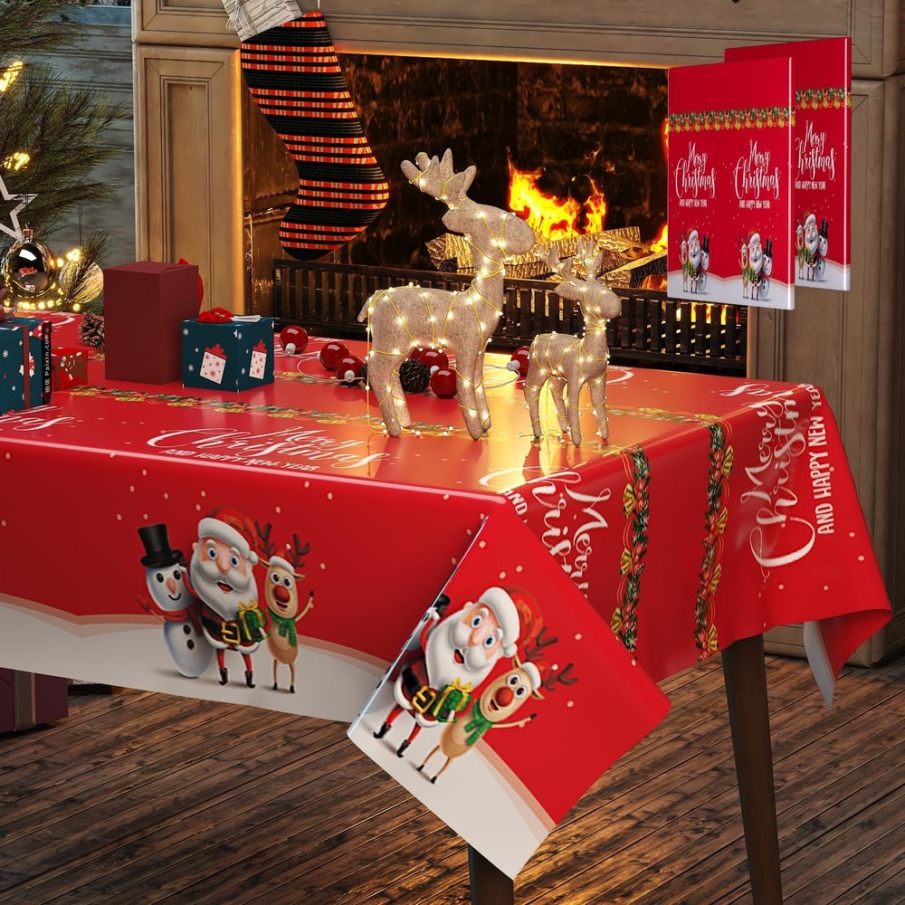 Fibevon Christmas Tablecloths, 2-Pack Rectangular Disposable New Year Tablecl...