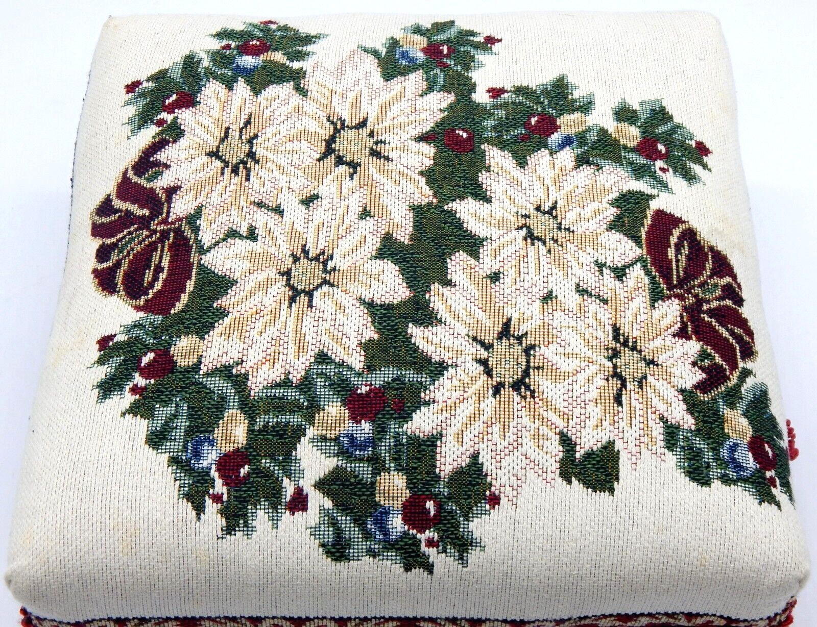 Vintage Needlepoint Square Footstool Wooden Floral Print Fringed Ottman