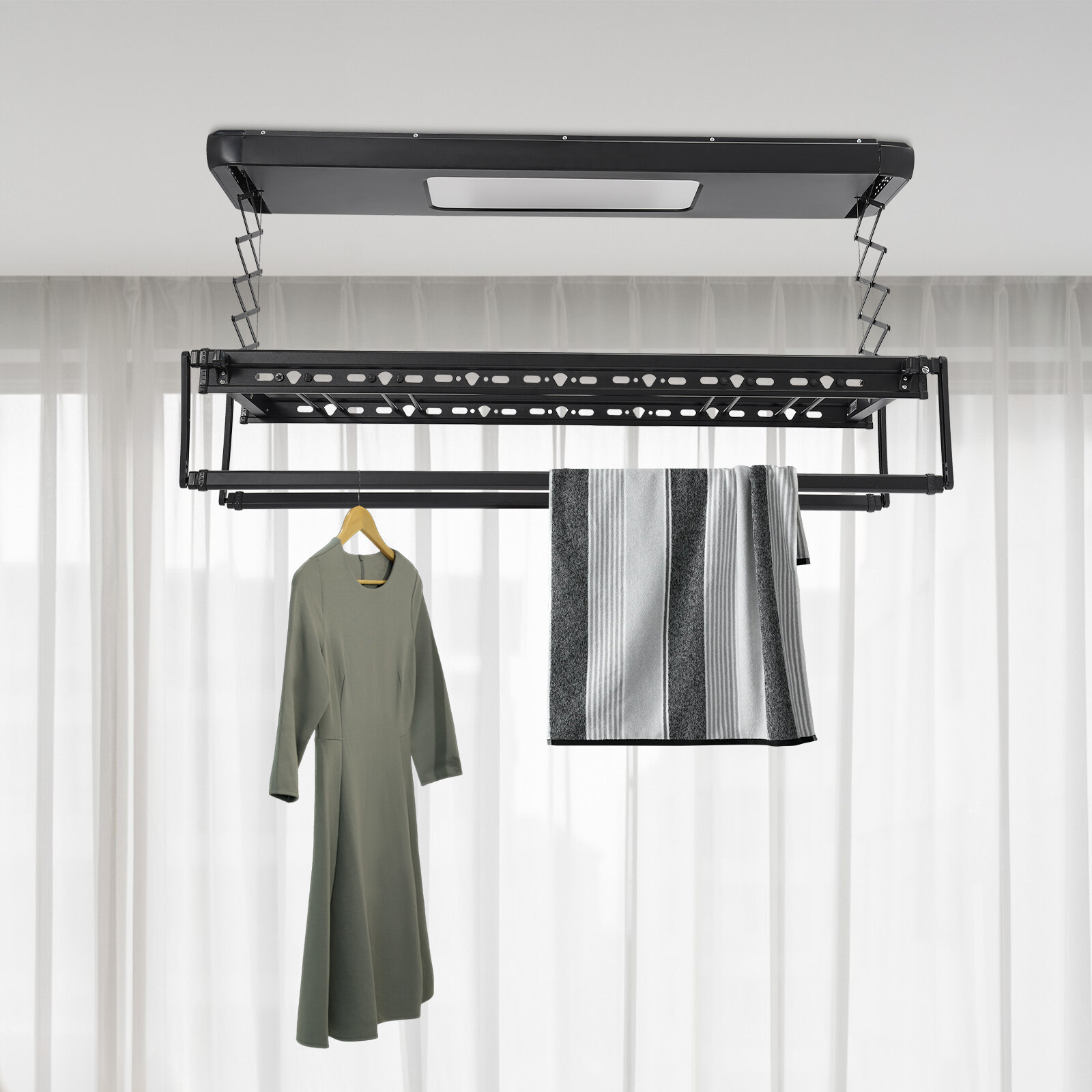 Wall and Ceiling Clothesline, Electrical Drying Rack w/ 8 Rod & Light Up Lamps