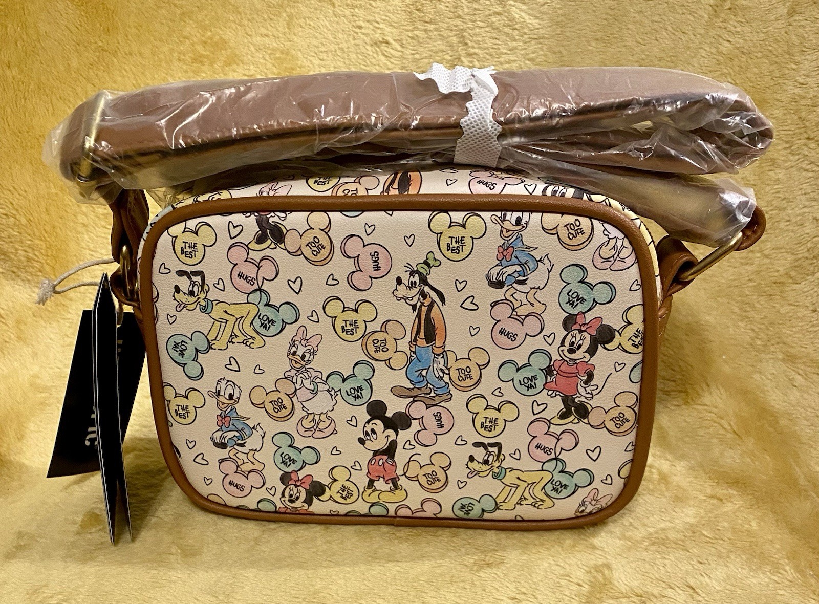 LOUNGEFLY Disney Mickey Mouse & Friends Candy Camera Zip Closure Crossbody Bag.