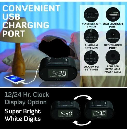 RIPTUNES Dual Alarm Clock, Vibrating Bed Shaker, Loud, Flashing Lights, Dimmer