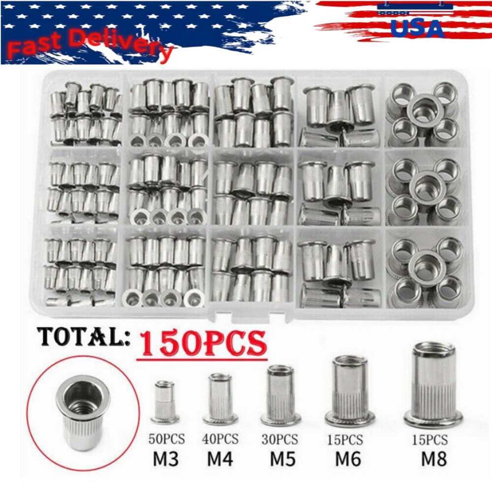 M3-M8 Aluminum Rivet Flat Head Threaded Set Rivet Nuts Blind Nutsert Kit 150PCS