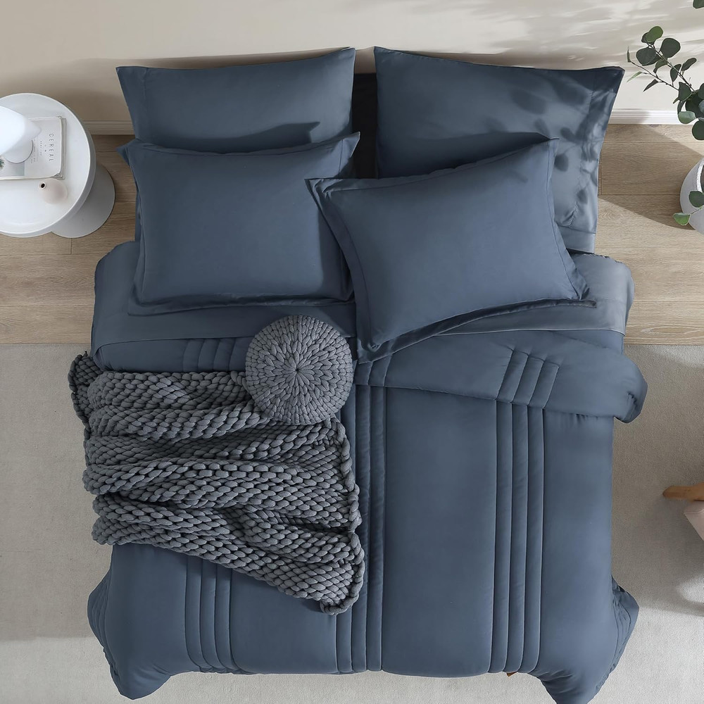 Oversized Queen Comforter Set - 7 Pieces Blue Grey Bed in a Bag Oversized Queen