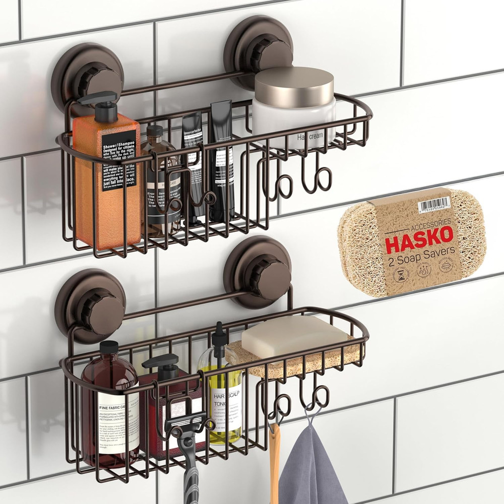 HASKO 2 Pack Shower Caddy Suction Cup with Hooks & Soap Holder, Includes 2 Soap