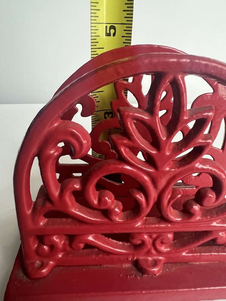 Red Enameled Solid Cast Iron Rounded Napkin Holder and Spoon Rest Set