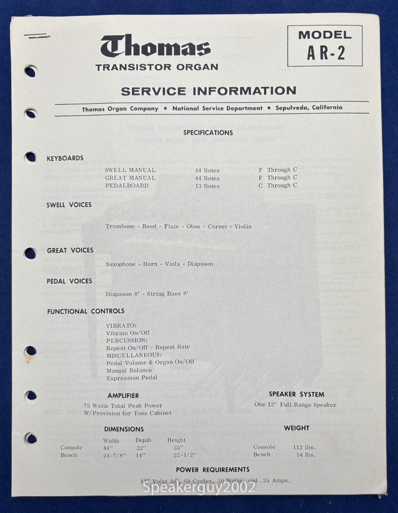 Original Thomas Organ Service Manual / AR-2