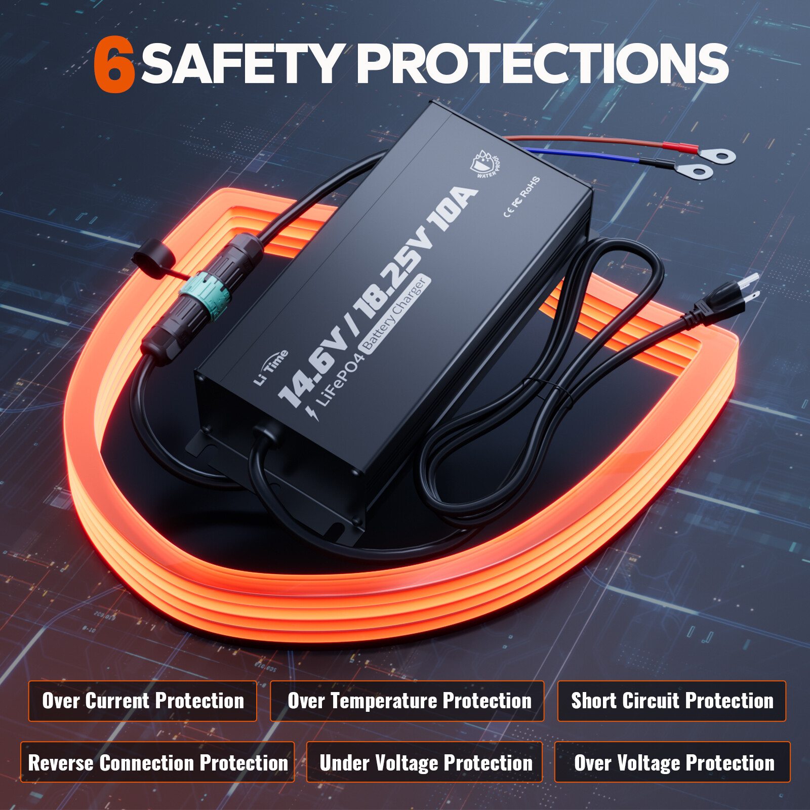 LiTime 12V(14.6V)&16V(18.25V) 10A Smart Charger for LiFePO4 Lithium Battery IP65