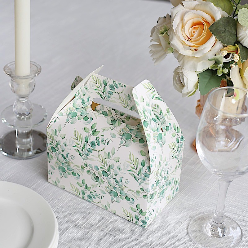 25 WHITE GREEN Tote Party Favor BOXES Floral Printed Candy Gift Holders Events