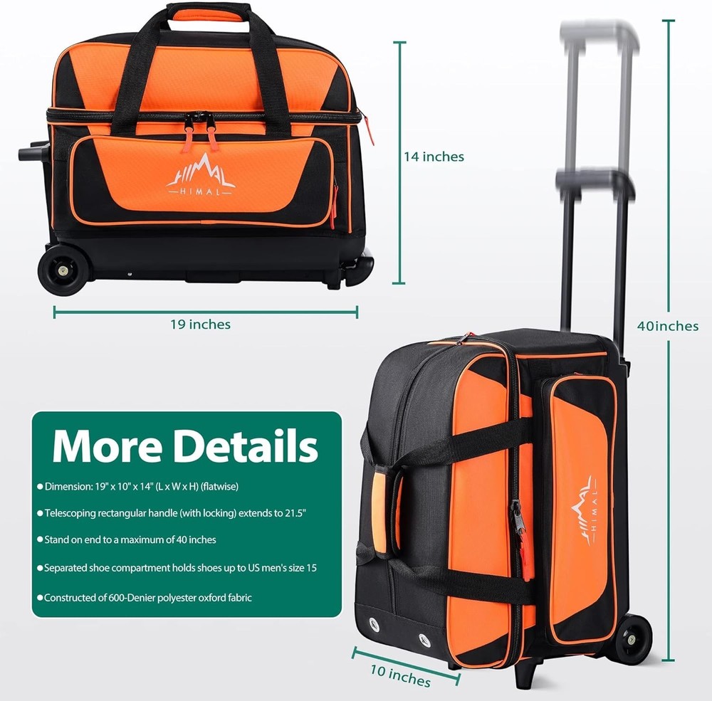 Durable 2 Ball Rolling Bowling Bag with Shoe Storage & Extendable Handle