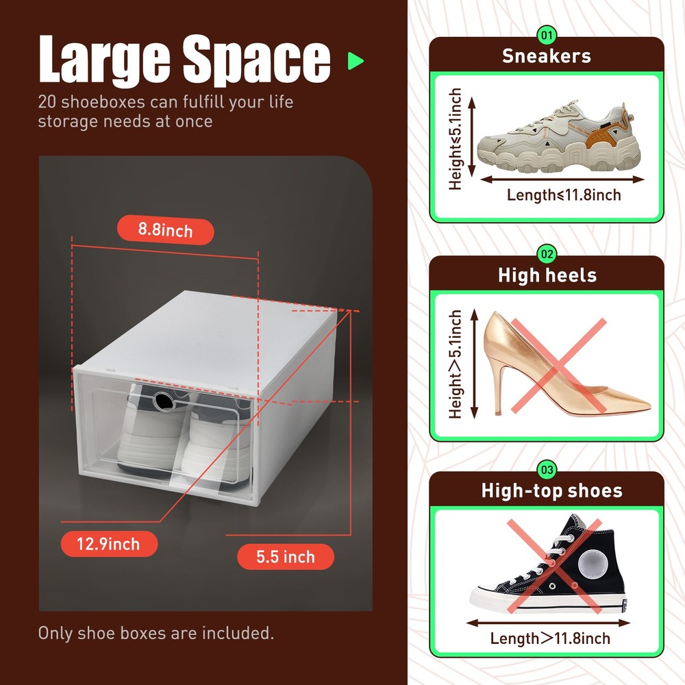 20Pcs Home Stackable Clear Plastic Transparent Shoe Box Storage Organizer