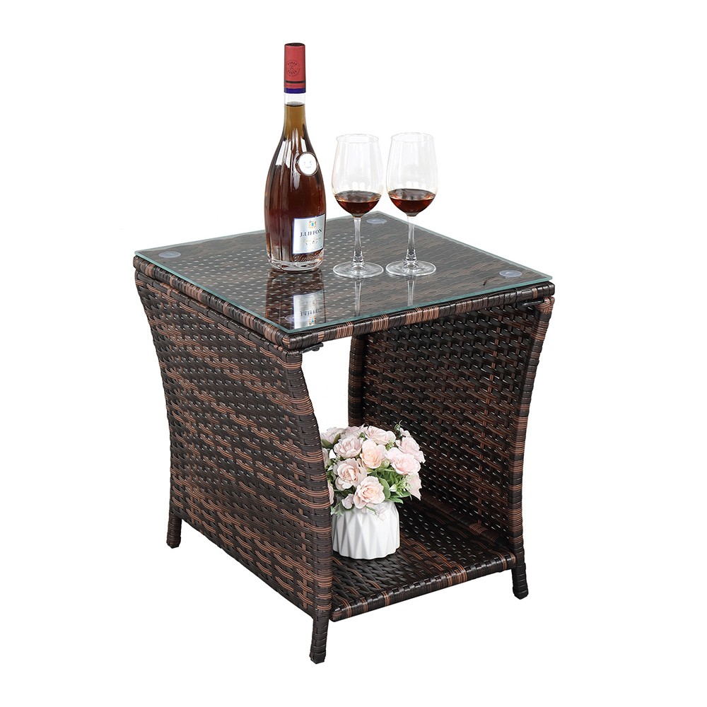 Glass Surface Brown Gradient Iron Frame Rattan Side Table,free ship