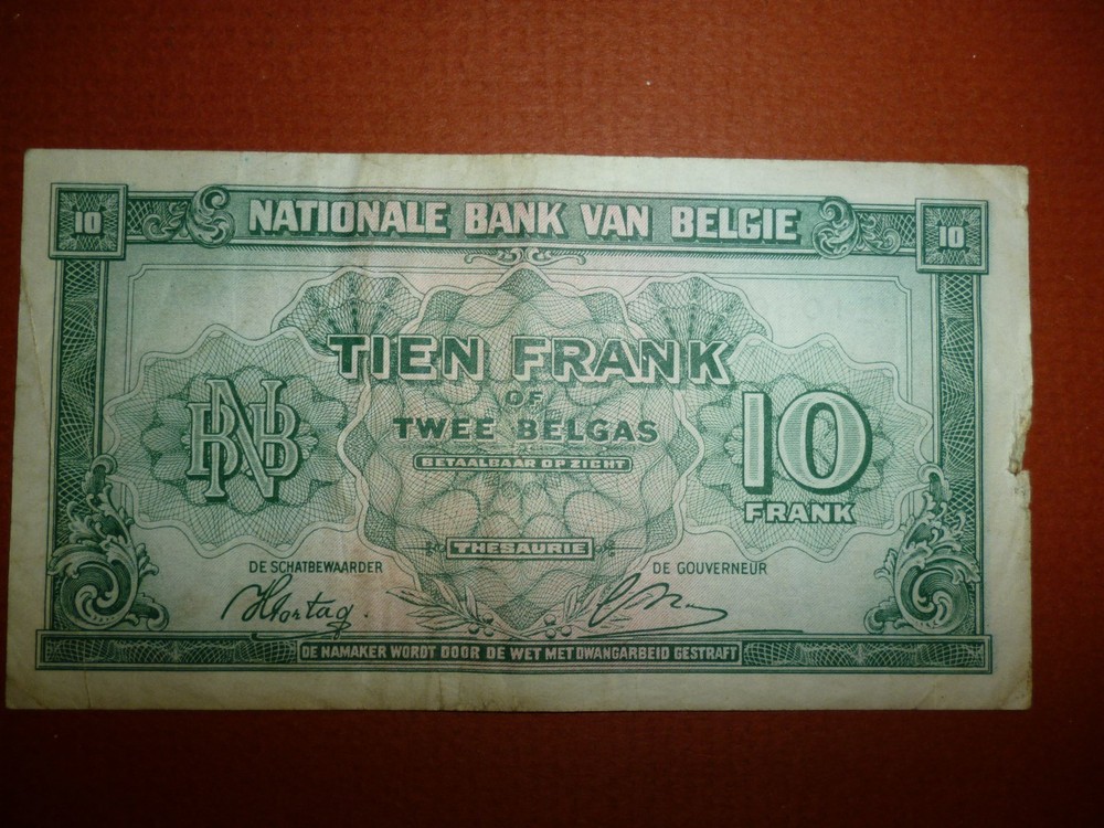 1943 Belgium 10 Francs WW II Note  #3