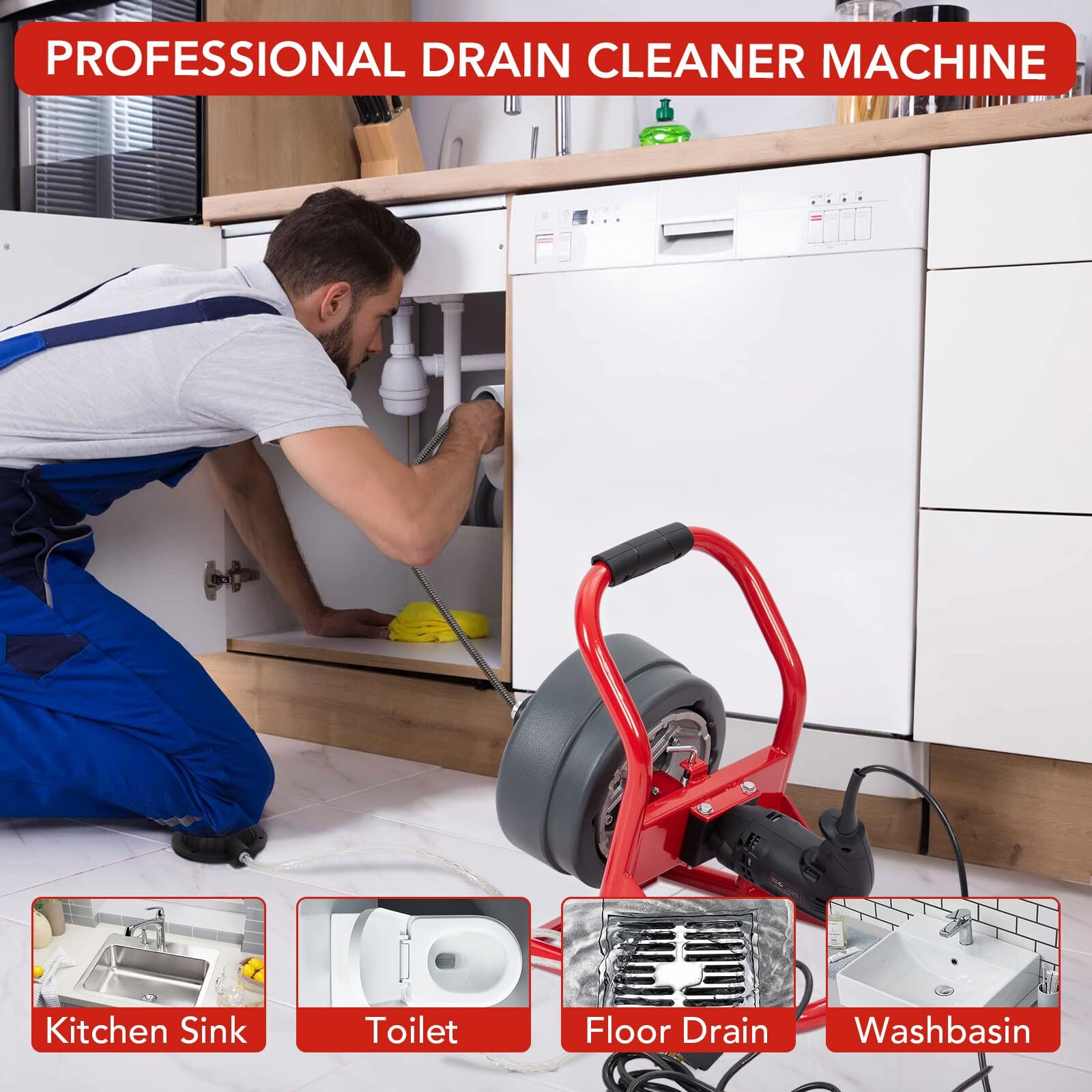 50FT 5/16" Drain Cleaner Electric Sewer Snake Cleaning Machine W/ Cutters&Gloves