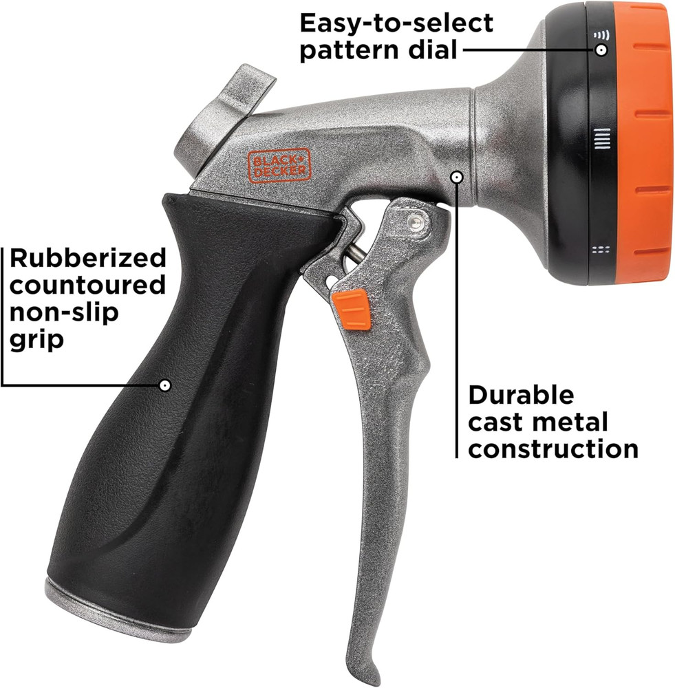 Black + Decker® 8-Pattern Zinc Front Trigger Nozzle – Durable Metal Build, Comfo