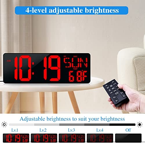 Large Digital Wall Clock with Remote Control 17.2" LED Large Display 17.2in Red