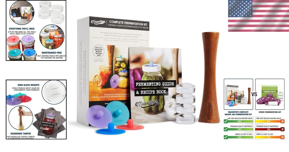 Complete Mason Jar Fermentation Kit for Probiotic Vegetables - 9-Piece Set