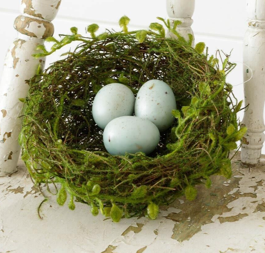 NEW Farmhouse BIRD NEST BLUE ROBINS EGGS TWIGGY MOSSY 2.5"H x 6"D Primitive