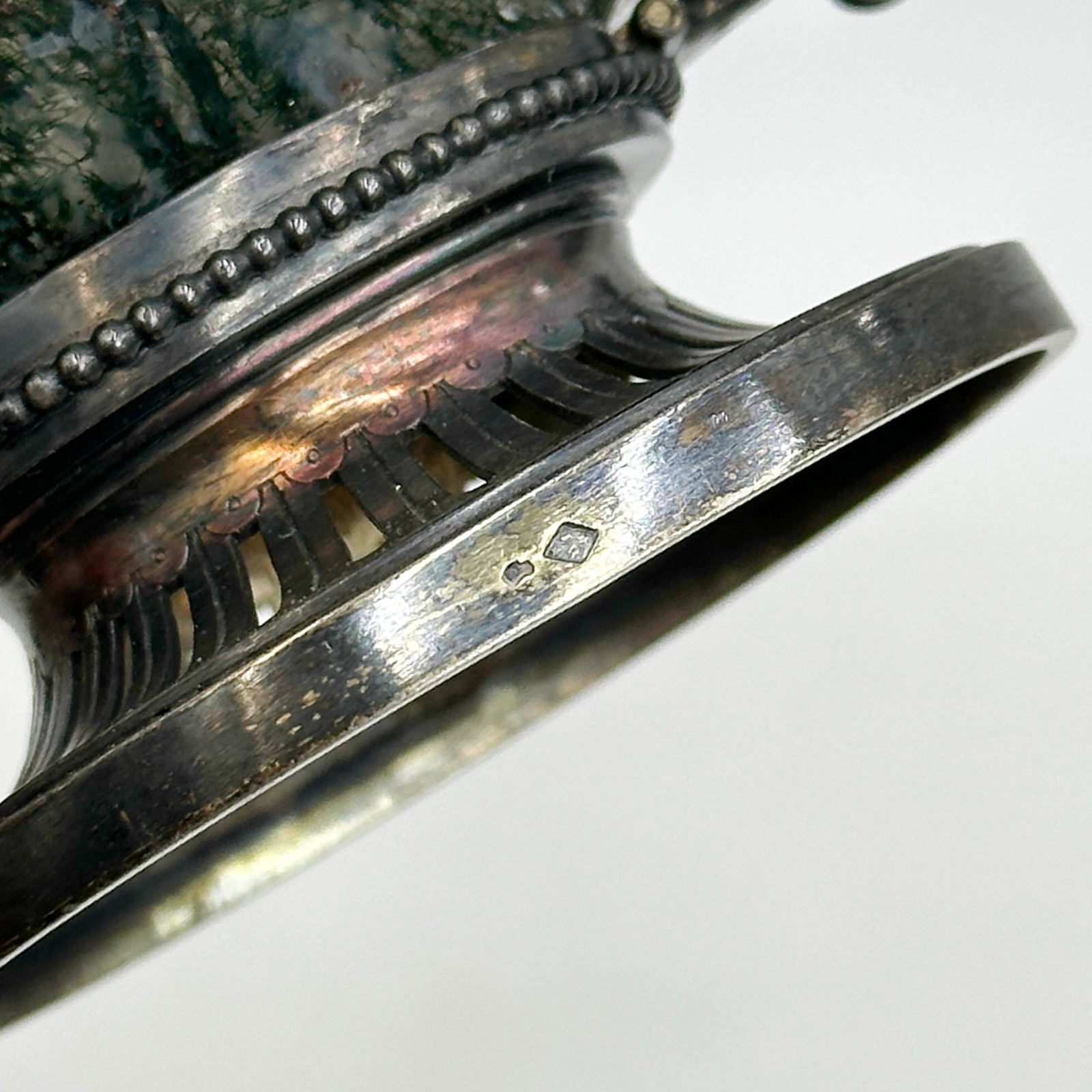 French Sterling Silver Carved Moss Agate Double Handled Master Salt