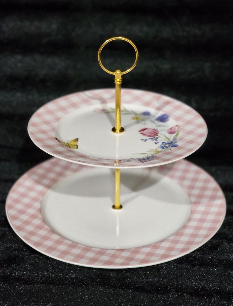 3pc Easter Bunny Pink Gingham 2-Tier Serving Tray Cookie Stand & 2 Salad Plates