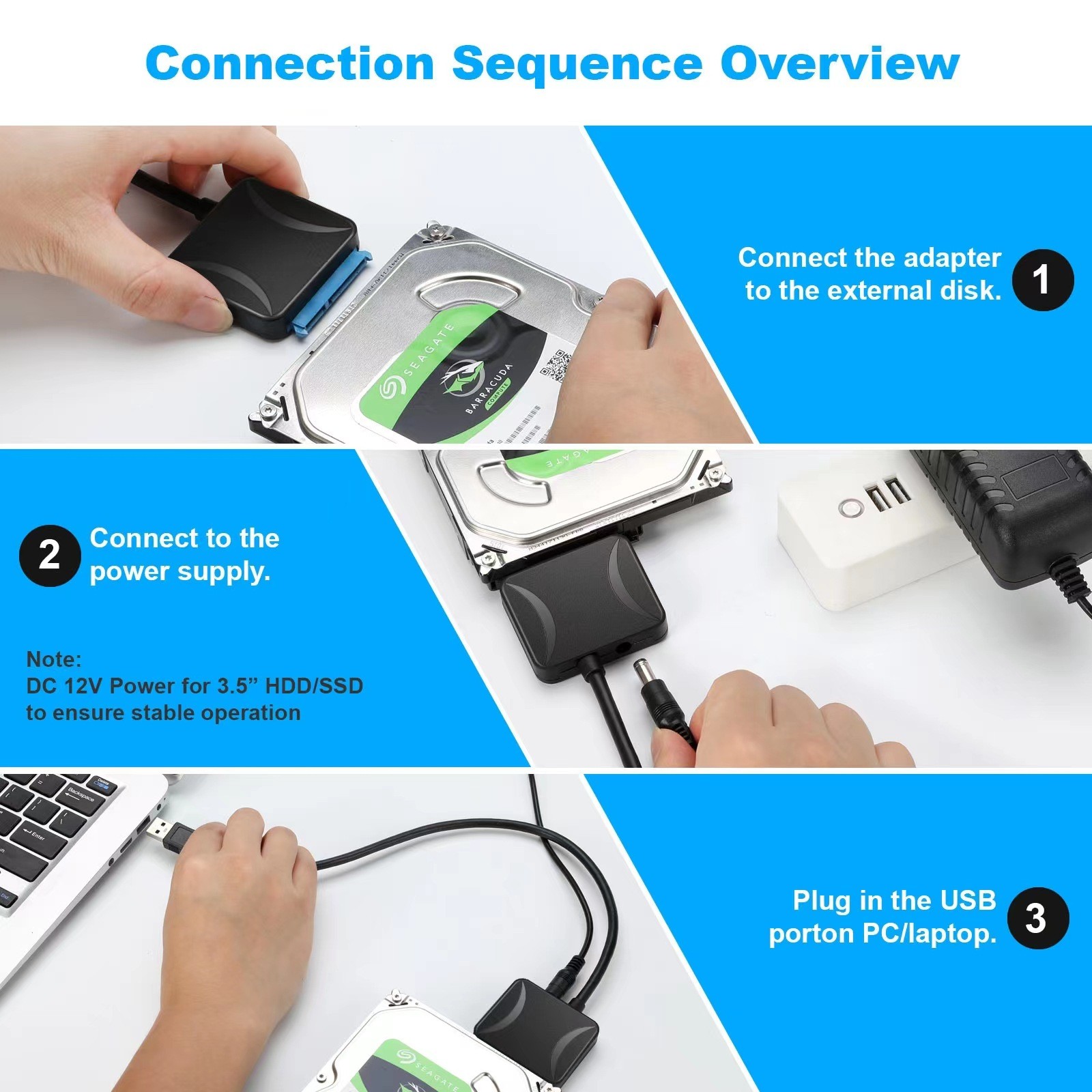 USB 3.0 to SATA External Hard Drive Reader 2.5" 3.5" HDD SSD Power adapter
