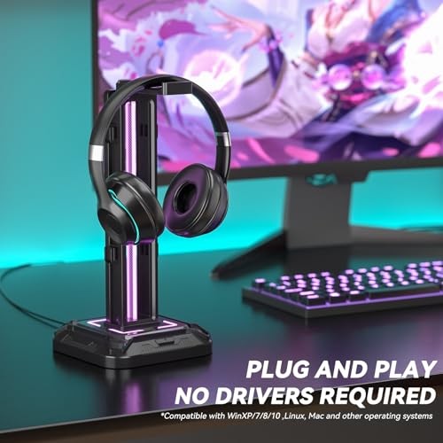 RGB Headset Stand with 9 Light Modes - Controller Holder for Desk - Black