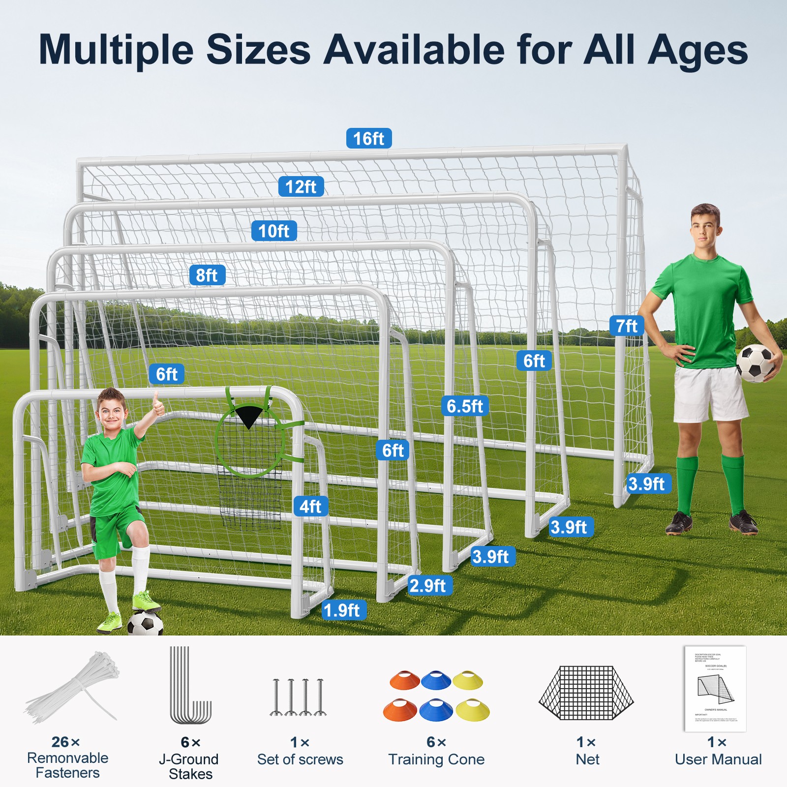 Pro Soccer Goal Set 16x7ft w/6 Cones & Net, Heavy Duty 50mm Steel