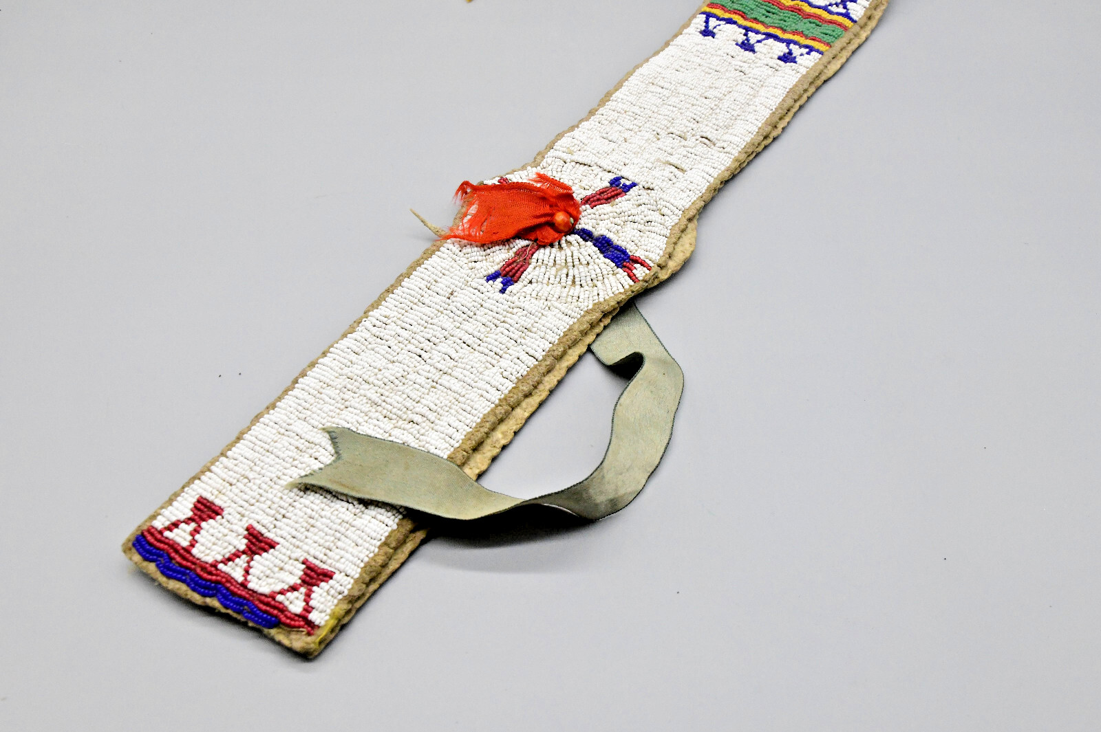 1890s Sioux Woman's Beaded Hide Blanket Strip w/Silk Ribbons 58" Long 2.75" Wide