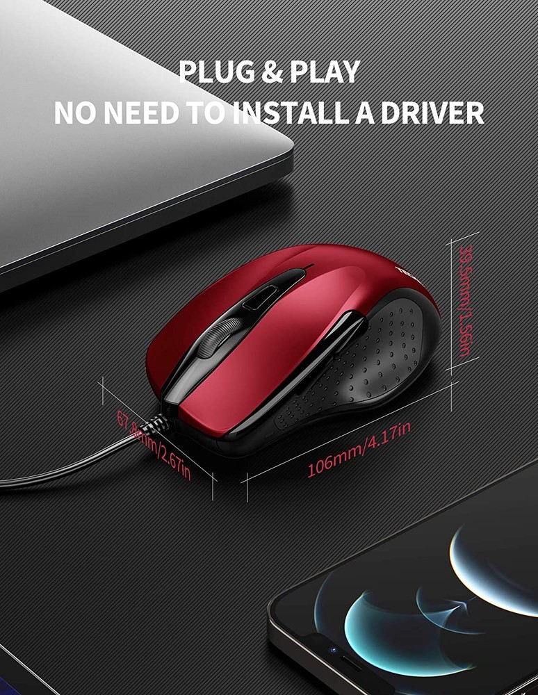TECKNET 6-Button USB Wired Mouse with Side Buttons, Optical Computer Mouse