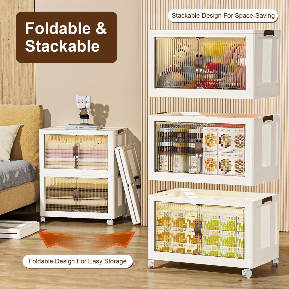 3 Pack Stackable Storage Bins with Wheels & Lids Magnetic Door Plastic Container