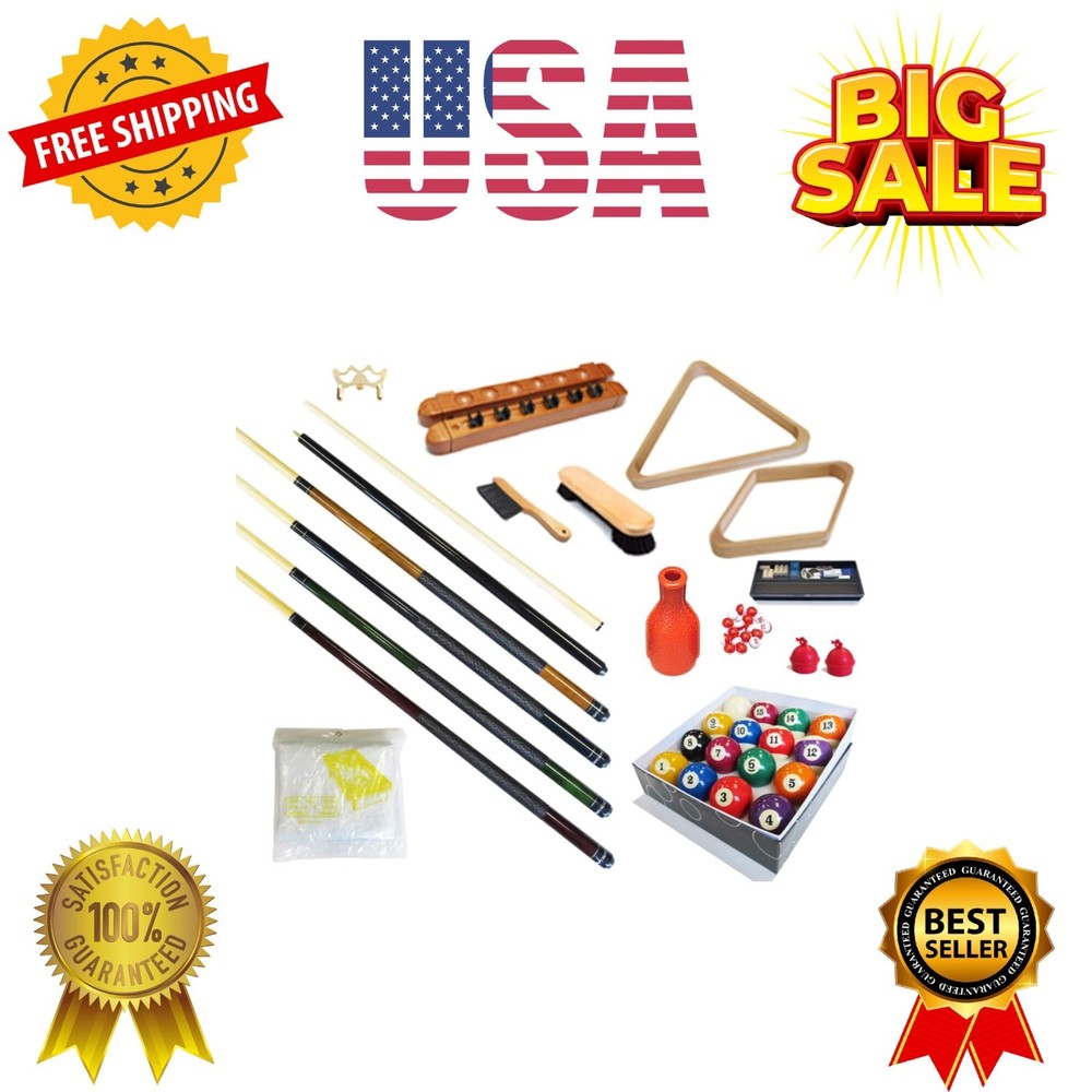 Pool Table -  Billiard 32 Pieces Accessory Kit - Pool Cue Sticks Bridge Ball ...